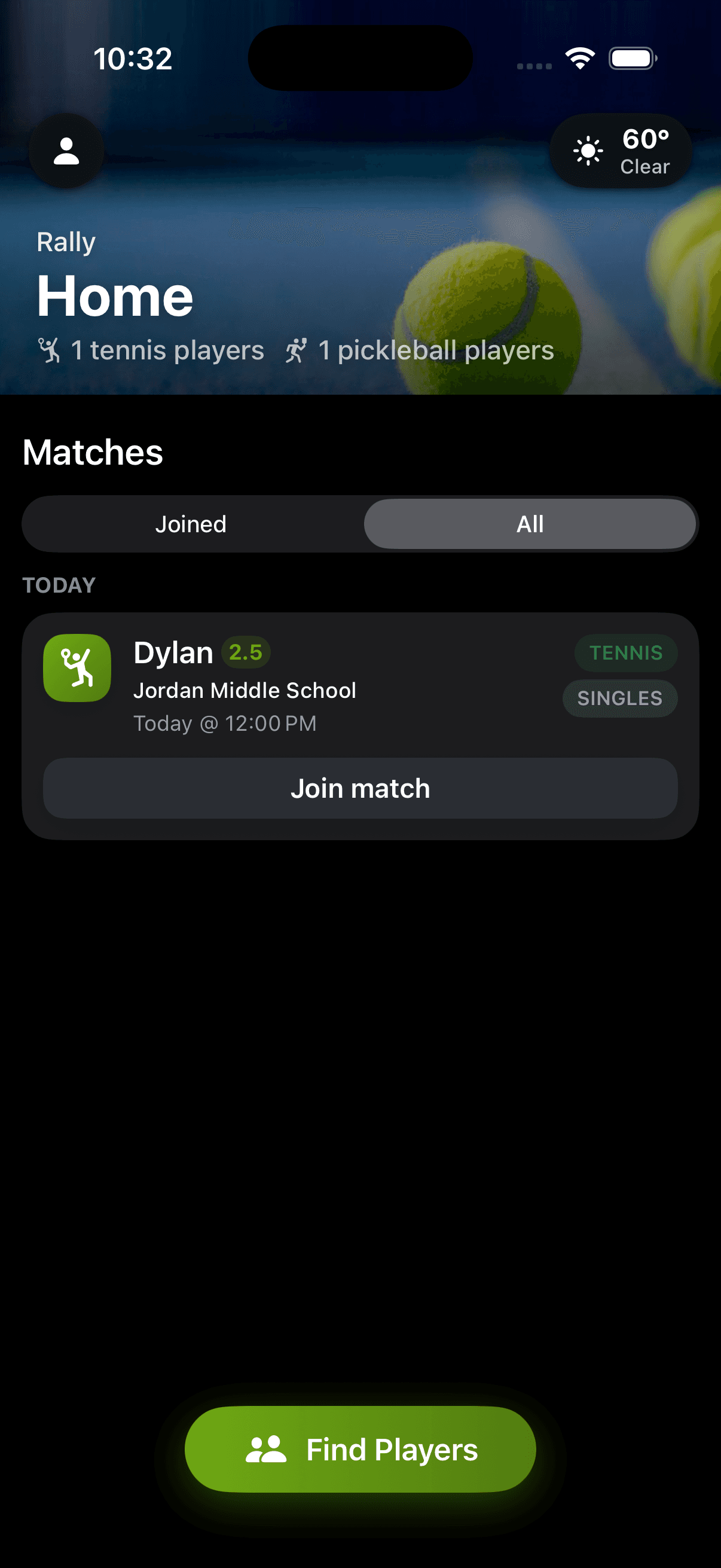 Rally app home screen with local matches and the Find Players button